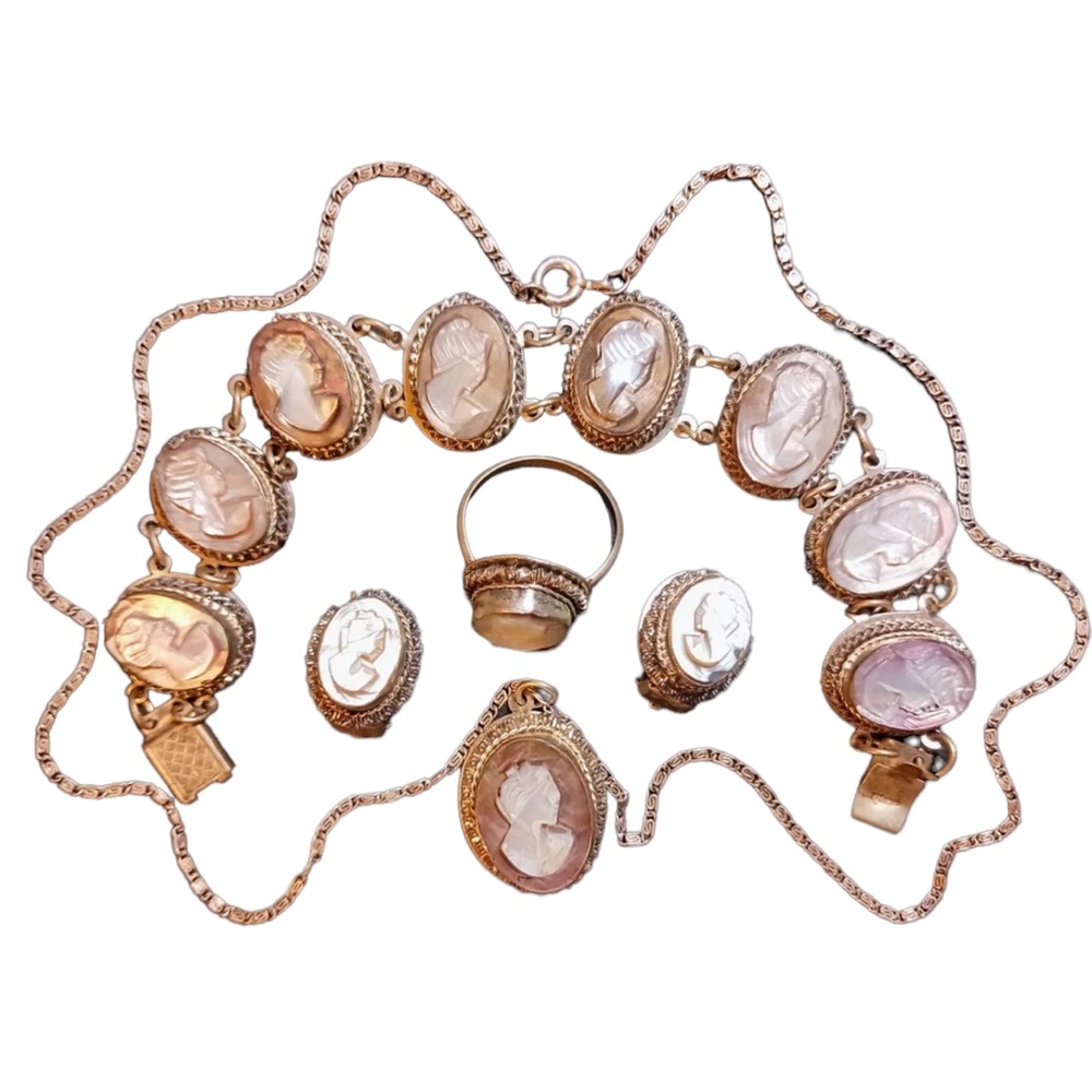 Victorian Antique Abalone Cameo SET 800 silver Bracelet ring necklace earrings - Picture 5 of 12